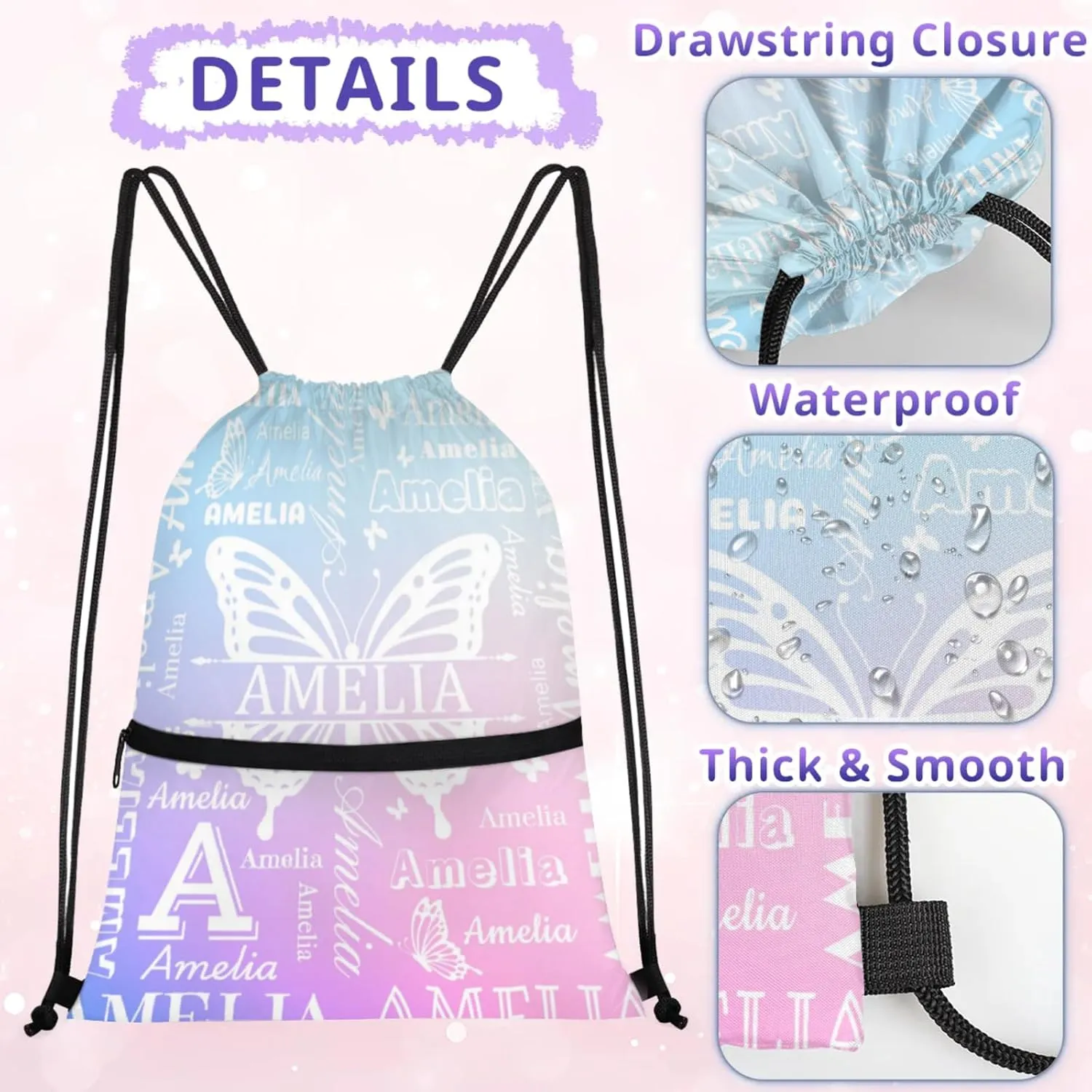 Custom Sports Drawstring Backpacks with Name Dance Gymnastics Bag, Butterfly Design Personalized Drawstring Sport Bags for Gym Beach Travel, Cut Glitter Pattern
