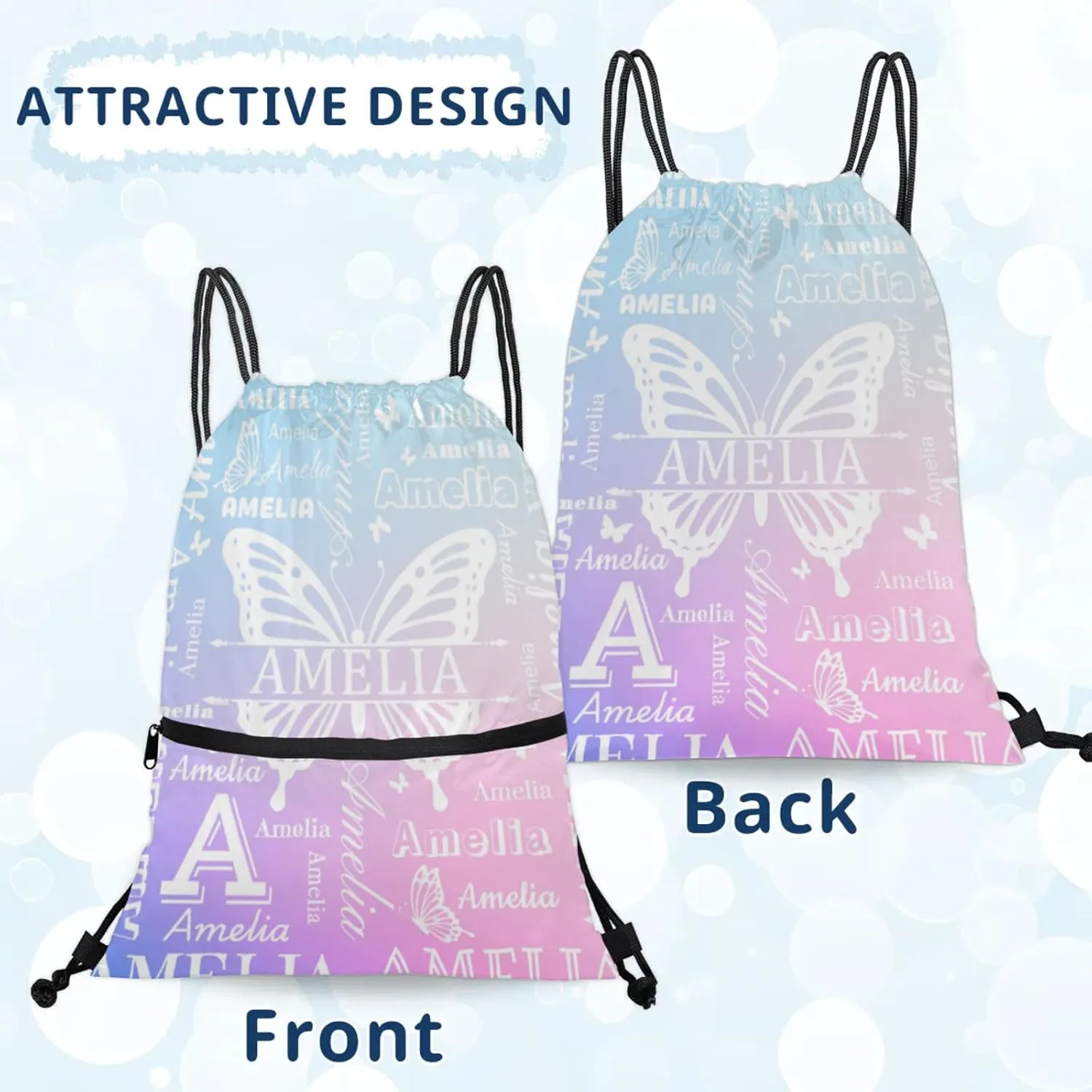 Custom Sports Drawstring Backpacks with Name Dance Gymnastics Bag, Butterfly Design Personalized Drawstring Sport Bags for Gym Beach Travel, Cut Glitter Pattern