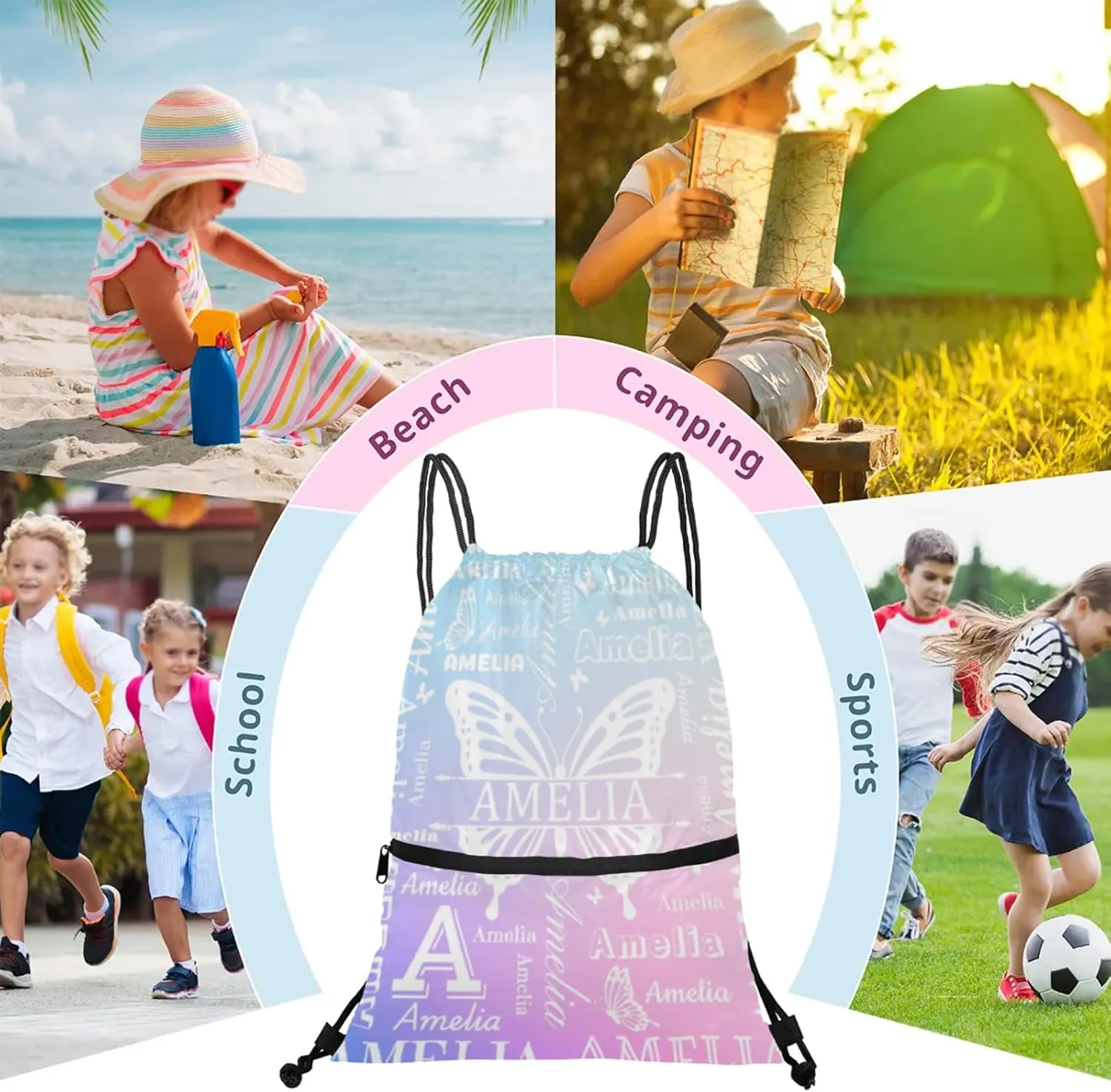 Custom Sports Drawstring Backpacks with Name Dance Gymnastics Bag, Butterfly Design Personalized Drawstring Sport Bags for Gym Beach Travel, Cut Glitter Pattern