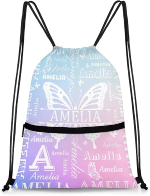 Custom Sports Drawstring Backpacks with Name Dance Gymnastics Bag, Butterfly Design Personalized Drawstring Sport Bags for Gym Beach Travel, Cut Glitter Pattern