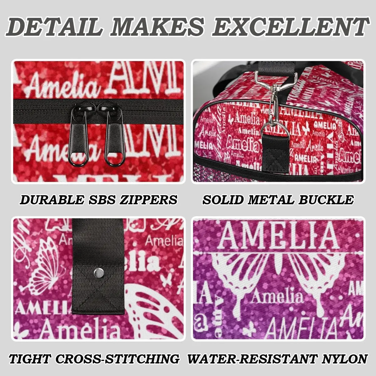 Custom Travel Duffel Bag with Name Butterfly, Personalized Gym Bag for Women, Custom Sport Tote Bags for Dance Cheer, Overnight Weekender Bags, Rainbow Glitter