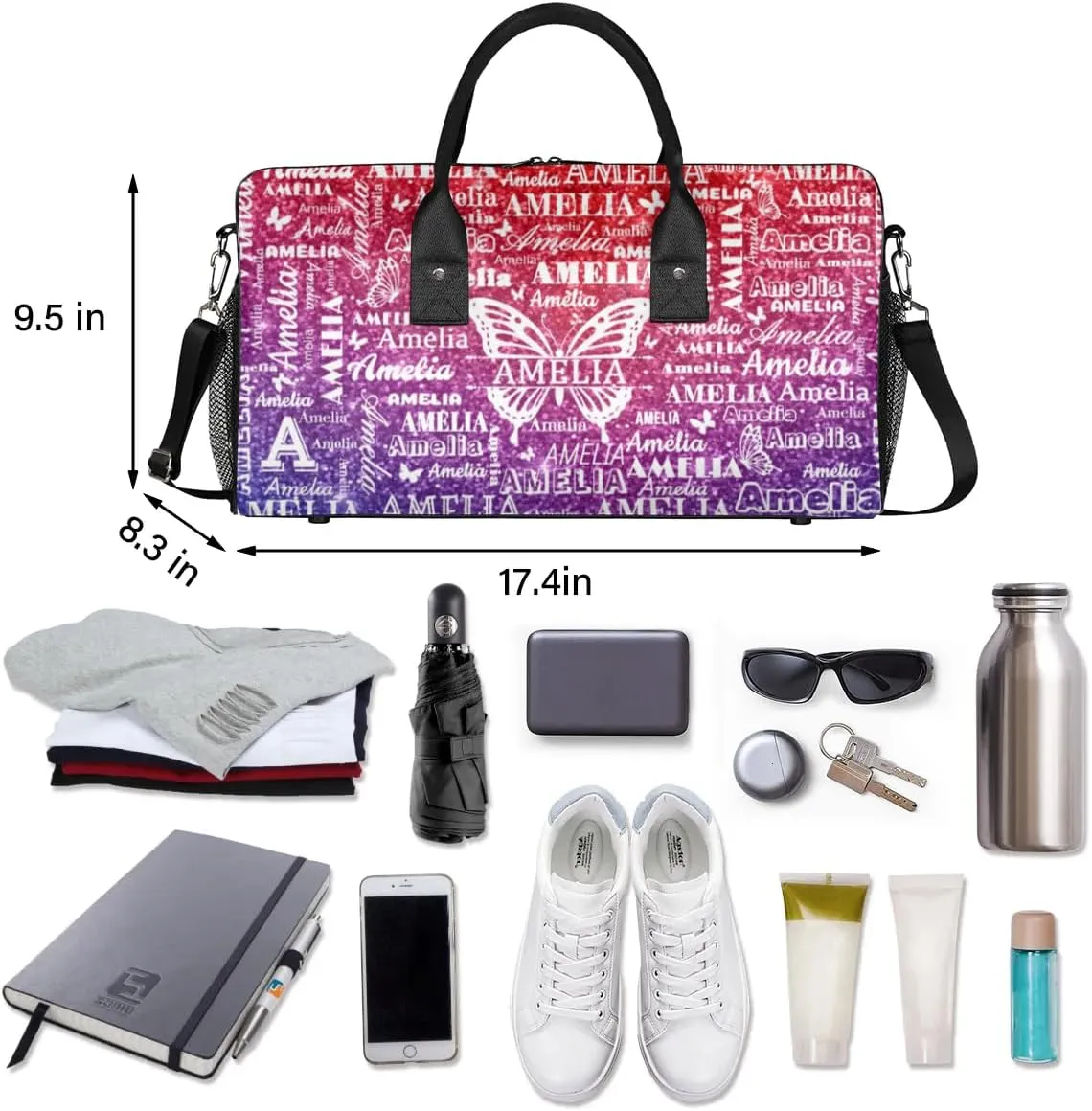Custom Travel Duffel Bag with Name Butterfly, Personalized Gym Bag for Women, Custom Sport Tote Bags for Dance Cheer, Overnight Weekender Bags, Rainbow Glitter