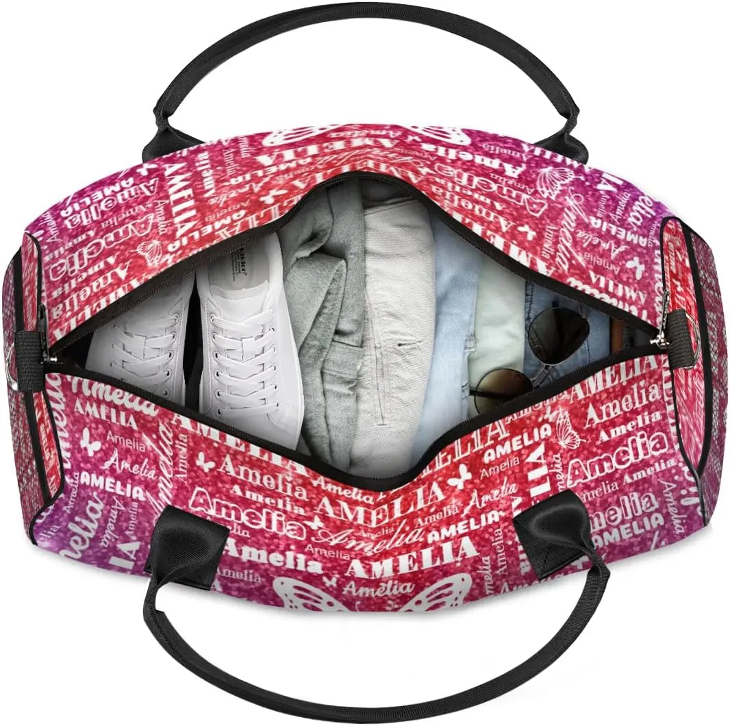 Custom Travel Duffel Bag with Name Butterfly, Personalized Gym Bag for Women, Custom Sport Tote Bags for Dance Cheer, Overnight Weekender Bags, Rainbow Glitter