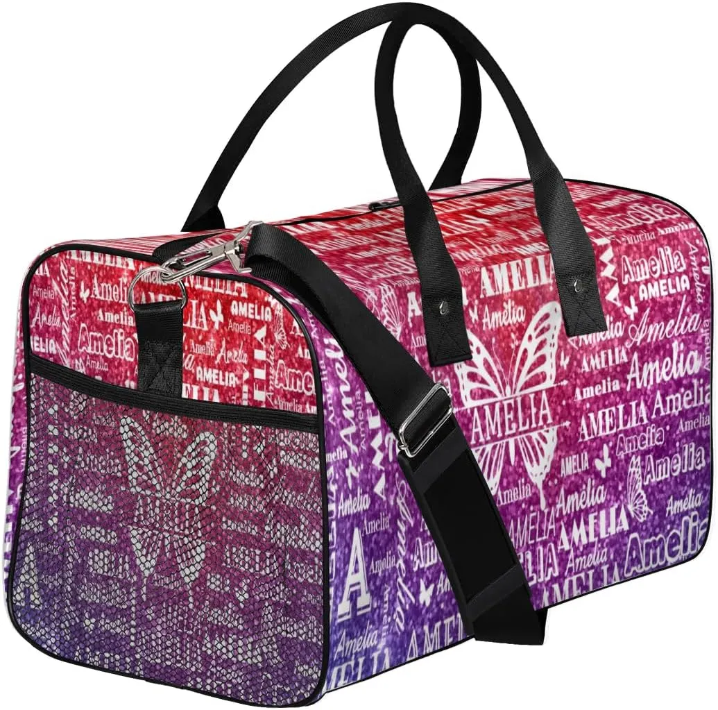 Custom Travel Duffel Bag with Name Butterfly, Personalized Gym Bag for Women, Custom Sport Tote Bags for Dance Cheer, Overnight Weekender Bags, Rainbow Glitter