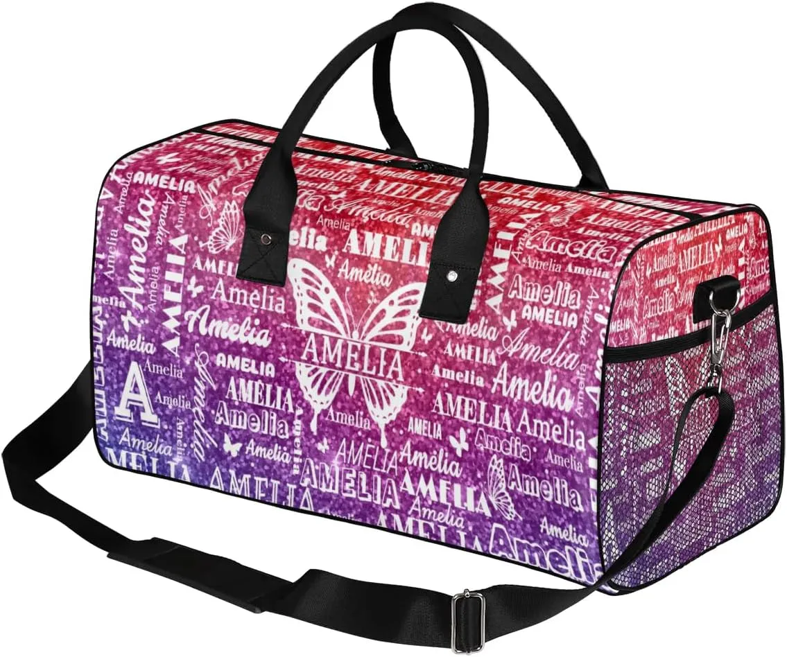 Custom Travel Duffel Bag with Name Butterfly, Personalized Gym Bag for Women, Custom Sport Tote Bags for Dance Cheer, Overnight Weekender Bags, Rainbow Glitter