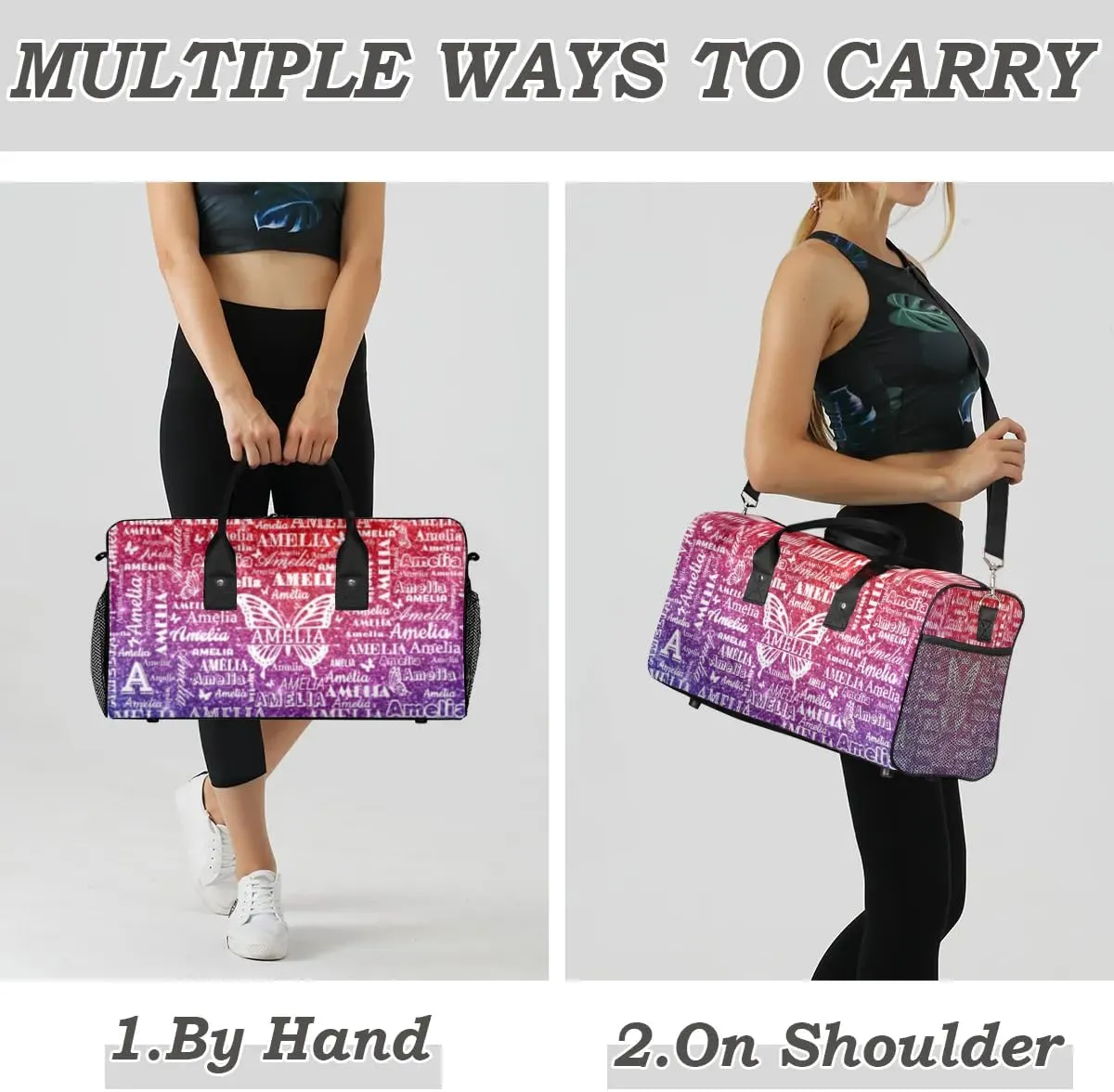 Custom Travel Duffel Bag with Name Butterfly, Personalized Gym Bag for Women, Custom Sport Tote Bags for Dance Cheer, Overnight Weekender Bags, Rainbow Glitter