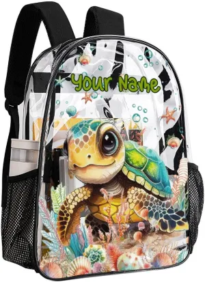 Custom Turtle Clear Backpack Heavy Duty for Girls Kids Boys Women Men - Large Cute PVC Sea Turtles Theme Printing Transparent Backpacks for Schools Stadium Concerts Work - Clear/Black