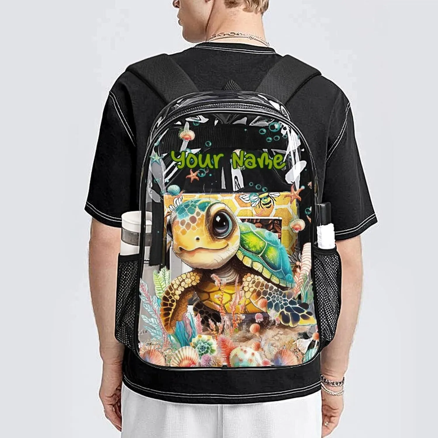 Custom Turtle Clear Backpack Heavy Duty for Girls Kids Boys Women Men - Large Cute PVC Sea Turtles Theme Printing Transparent Backpacks for Schools Stadium Concerts Work - Clear/Black