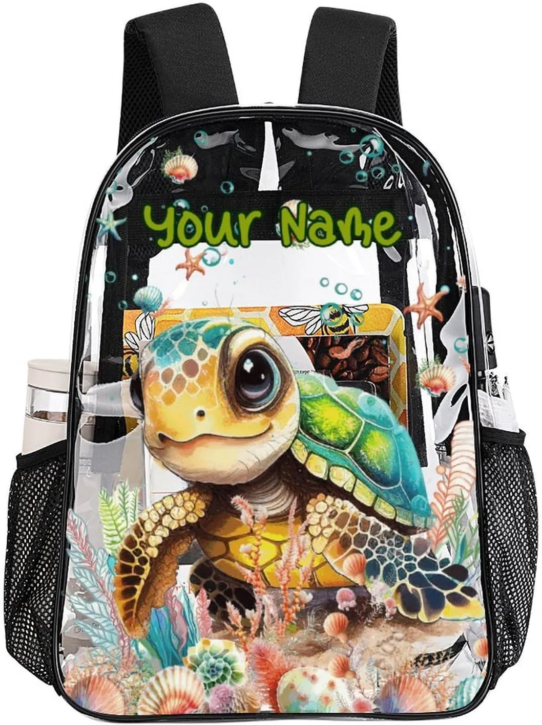 Custom Turtle Clear Backpack Heavy Duty for Girls Kids Boys Women Men - Large Cute PVC Sea Turtles Theme Printing Transparent Backpacks for Schools Stadium Concerts Work - Clear/Black