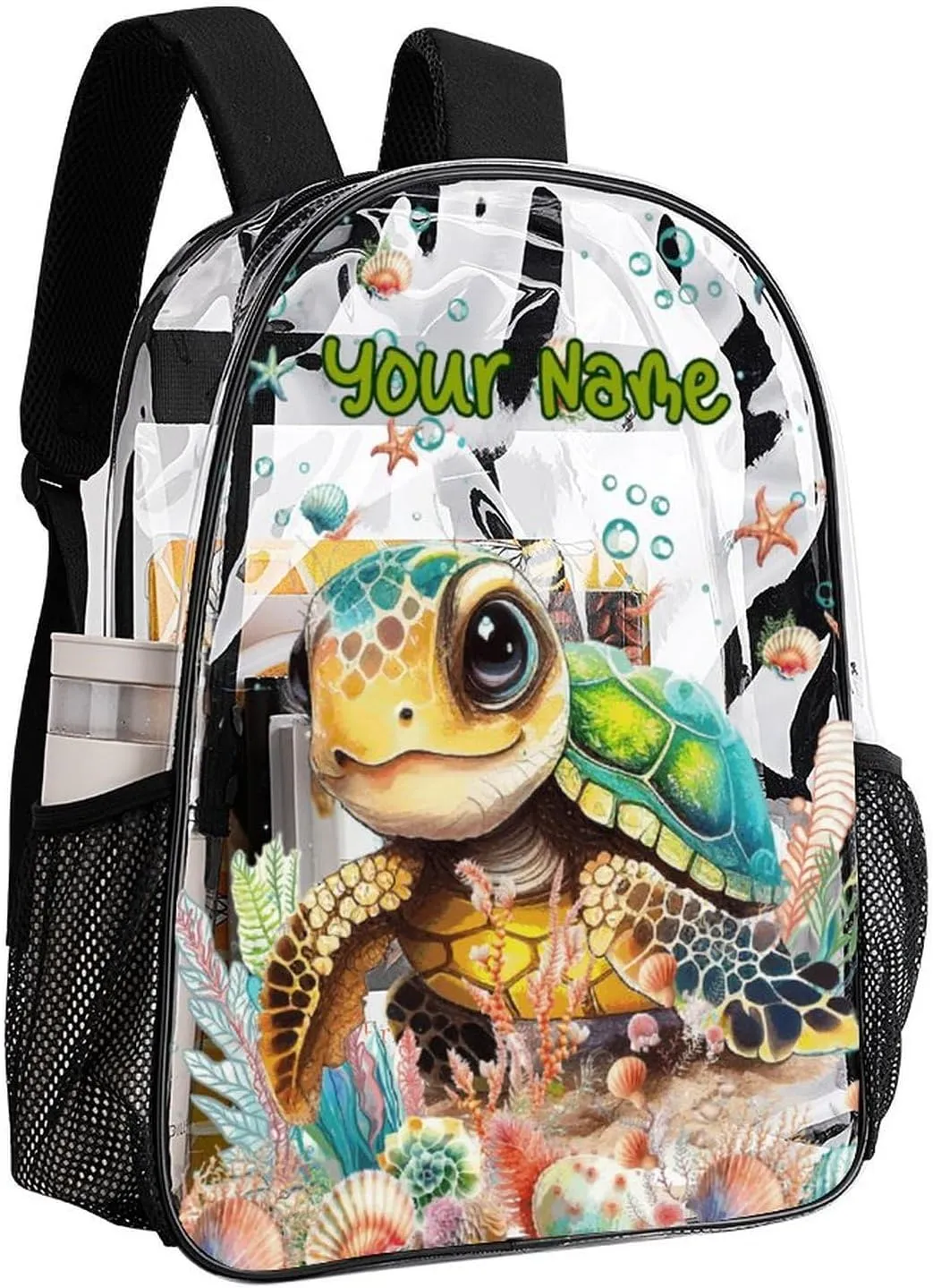 Custom Turtle Clear Backpack Heavy Duty for Girls Kids Boys Women Men - Large Cute PVC Sea Turtles Theme Printing Transparent Backpacks for Schools Stadium Concerts Work - Clear/Black