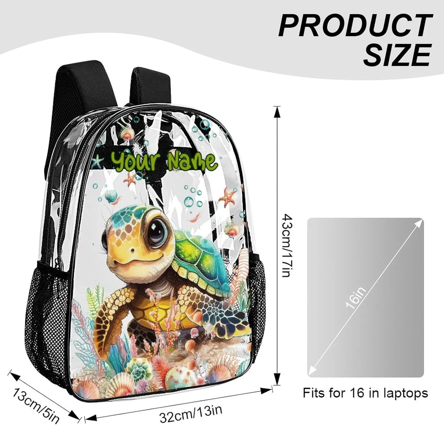 Custom Turtle Clear Backpack Heavy Duty for Girls Kids Boys Women Men - Large Cute PVC Sea Turtles Theme Printing Transparent Backpacks for Schools Stadium Concerts Work - Clear/Black