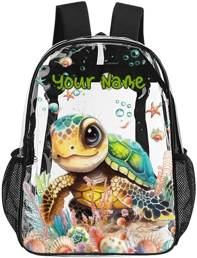 Custom Turtle Clear Backpack Heavy Duty for Girls Kids Boys Women Men - Large Cute PVC Sea Turtles Theme Printing Transparent Backpacks for Schools Stadium Concerts Work - Clear/Black
