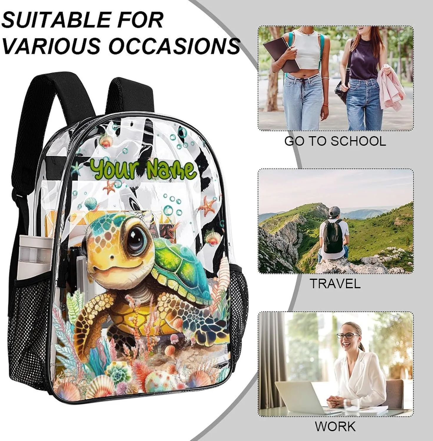 Custom Turtle Clear Backpack Heavy Duty for Girls Kids Boys Women Men - Large Cute PVC Sea Turtles Theme Printing Transparent Backpacks for Schools Stadium Concerts Work - Clear/Black