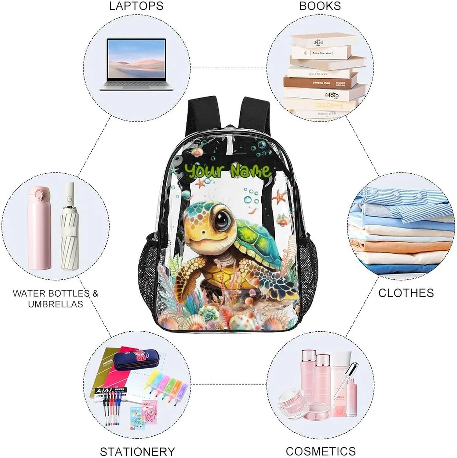 Custom Turtle Clear Backpack Heavy Duty for Girls Kids Boys Women Men - Large Cute PVC Sea Turtles Theme Printing Transparent Backpacks for Schools Stadium Concerts Work - Clear/Black