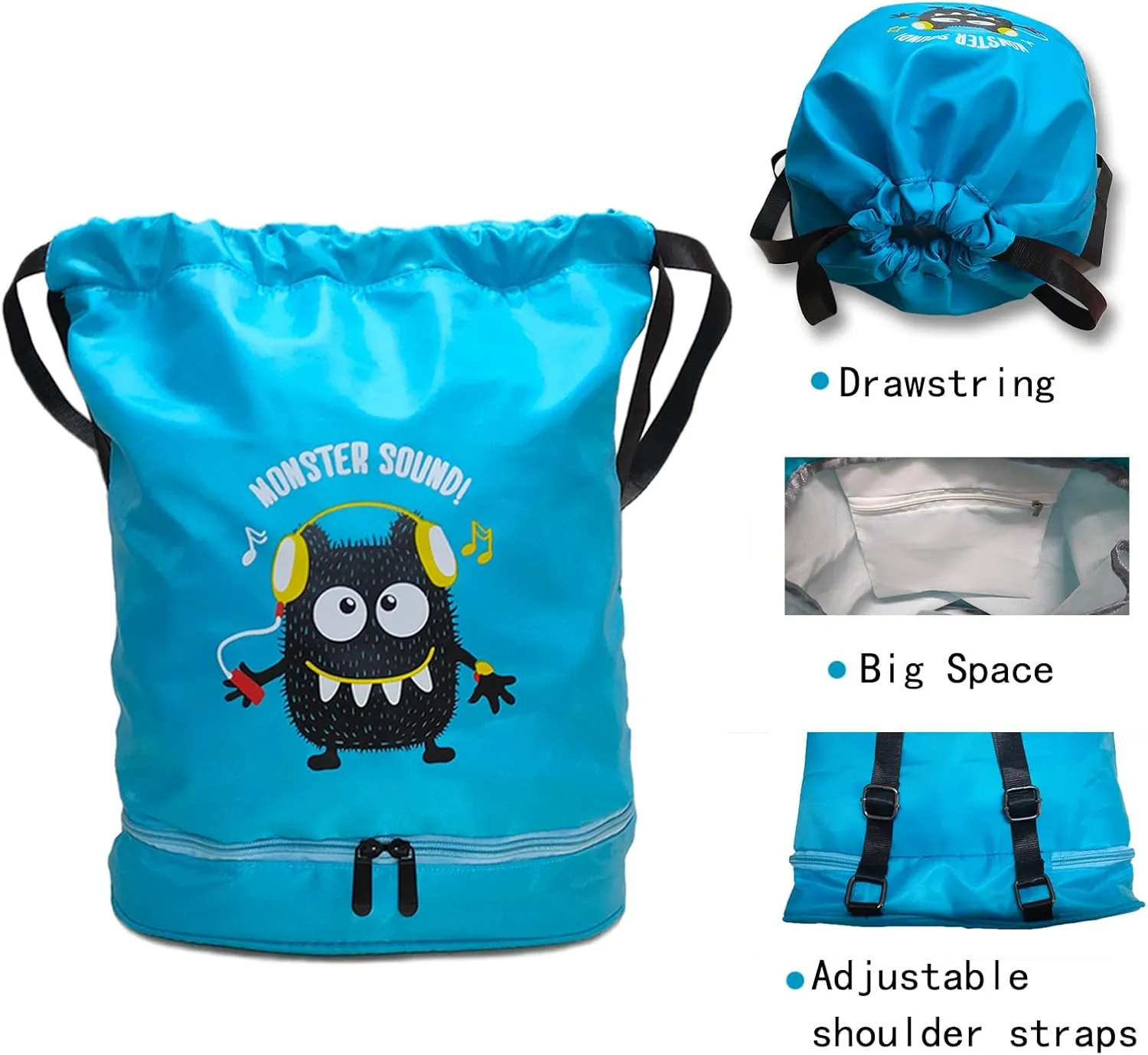 Cute beach bag,Drawstring Sport bag,beach backpack,Dry wet separation backpack, Suitable for swim, travel, camp, beach, dance (Blue)