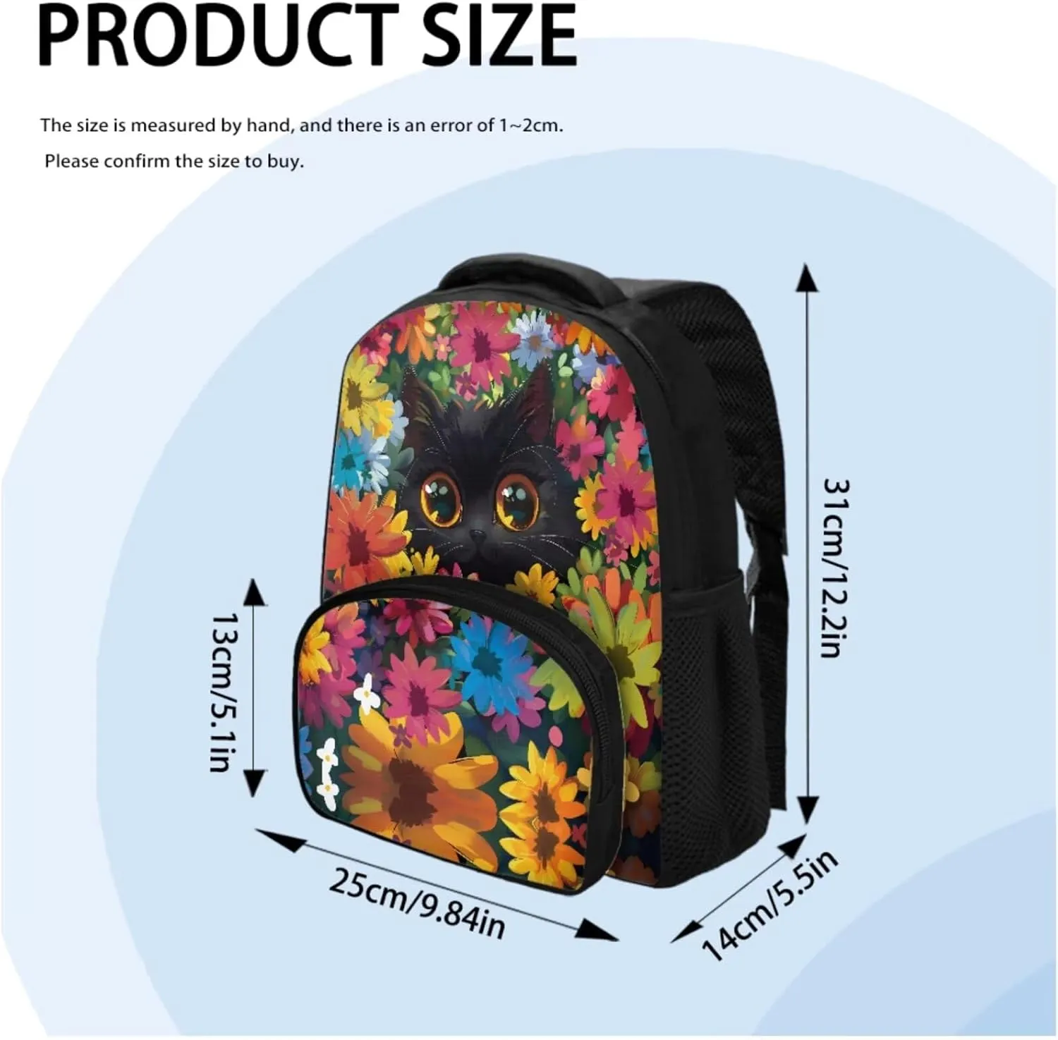 Cute Black Cat Flower School Backpack Bookbags Set Elementary School Backpack with Lunch Tote Bag Pencil Case 3 Pieces Set Back to School Supplies