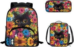 Cute Black Cat Flower School Backpack Bookbags Set Elementary School Backpack with Lunch Tote Bag Pencil Case 3 Pieces Set Back to School Supplies
