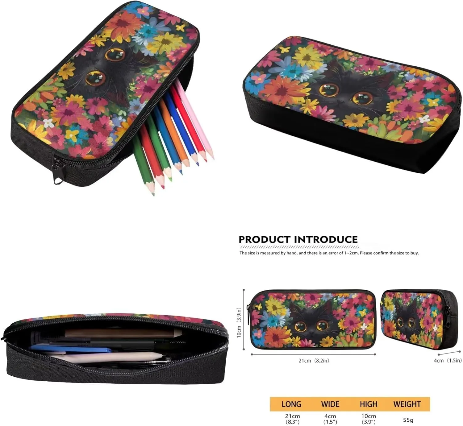 Cute Black Cat Flower School Backpack Bookbags Set Elementary School Backpack with Lunch Tote Bag Pencil Case 3 Pieces Set Back to School Supplies