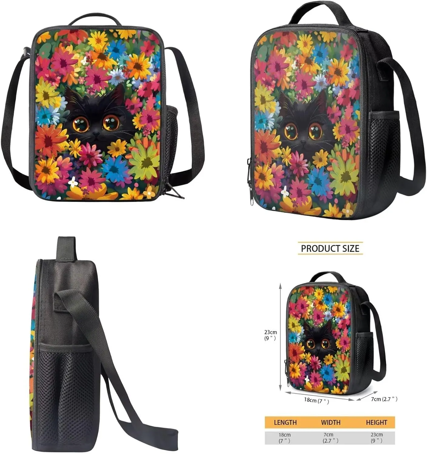 Cute Black Cat Flower School Backpack Bookbags Set Elementary School Backpack with Lunch Tote Bag Pencil Case 3 Pieces Set Back to School Supplies