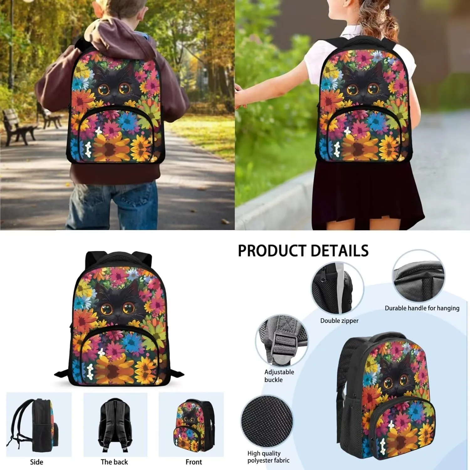 Cute Black Cat Flower School Backpack Bookbags Set Elementary School Backpack with Lunch Tote Bag Pencil Case 3 Pieces Set Back to School Supplies