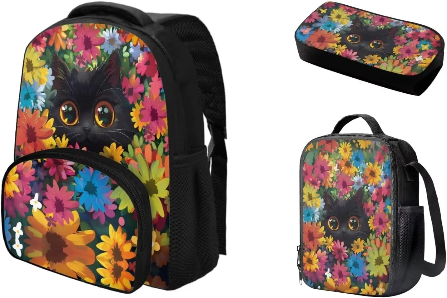 Cute Black Cat Flower School Backpack Bookbags Set Elementary School Backpack with Lunch Tote Bag Pencil Case 3 Pieces Set Back to School Supplies
