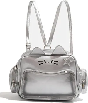 Cute Cat Ita Bag Pin Display Bag Backpack PU Leather Tote Bag with Insert Y2k Single Shoulder Crossbody Bag (Silver)