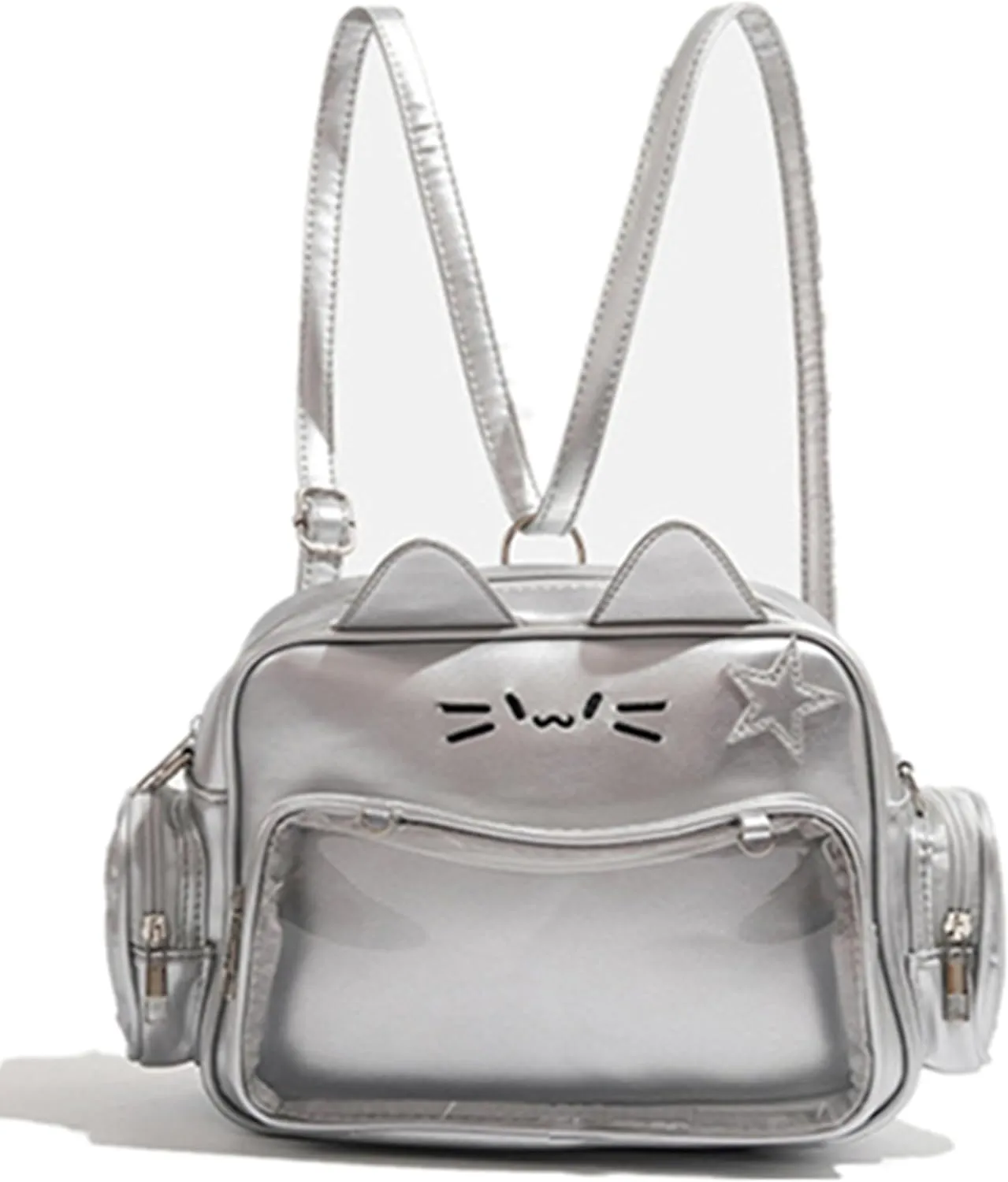 Cute Cat Ita Bag Pin Display Bag Backpack PU Leather Tote Bag with Insert Y2k Single Shoulder Crossbody Bag (Silver)