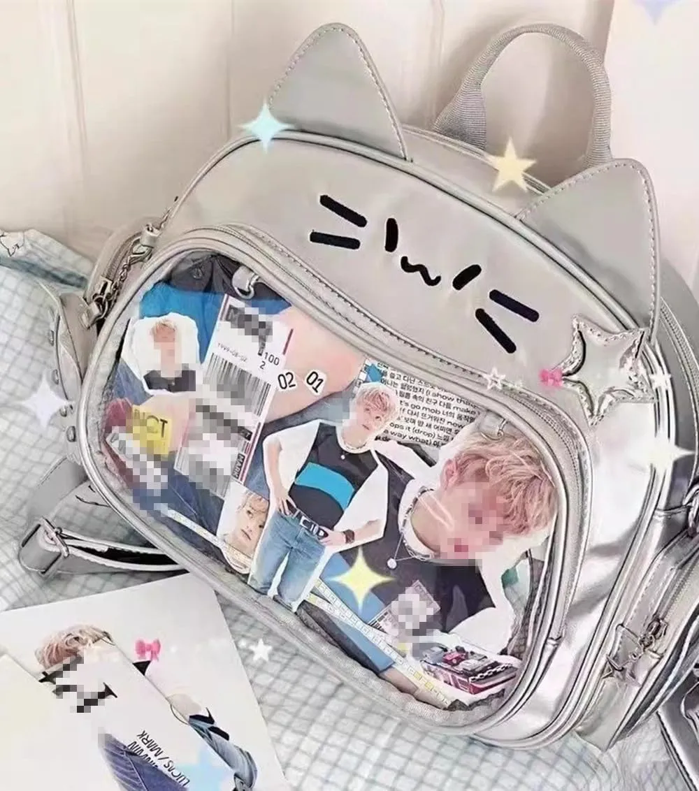 Cute Cat Ita Bag Pin Display Bag Backpack PU Leather Tote Bag with Insert Y2k Single Shoulder Crossbody Bag (Silver)