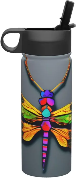 Cute Dragonfly Print Flask Stainless Steel Water Bottle with Straw 18OZ FOR Outdoor Gym Commute
