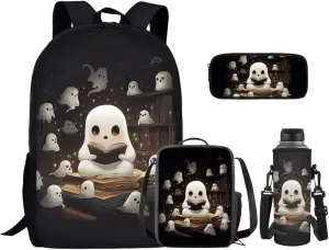 Cute Ghost Schoolbag for Girls 7Th Large Capacity Middle School Backpack With Lunch Box Kids with Lunch Box Pencil Case 4 Pcs Set Book Bag Travel Daypack Laptop Bags