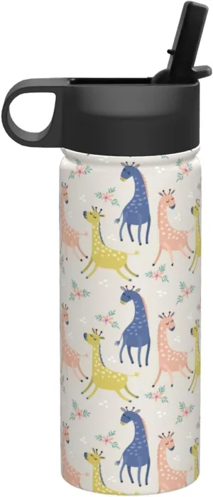 Cute giraffe Print Flask Stainless Steel Water Bottle with Straw 18OZ FOR Outdoor Gym Commute