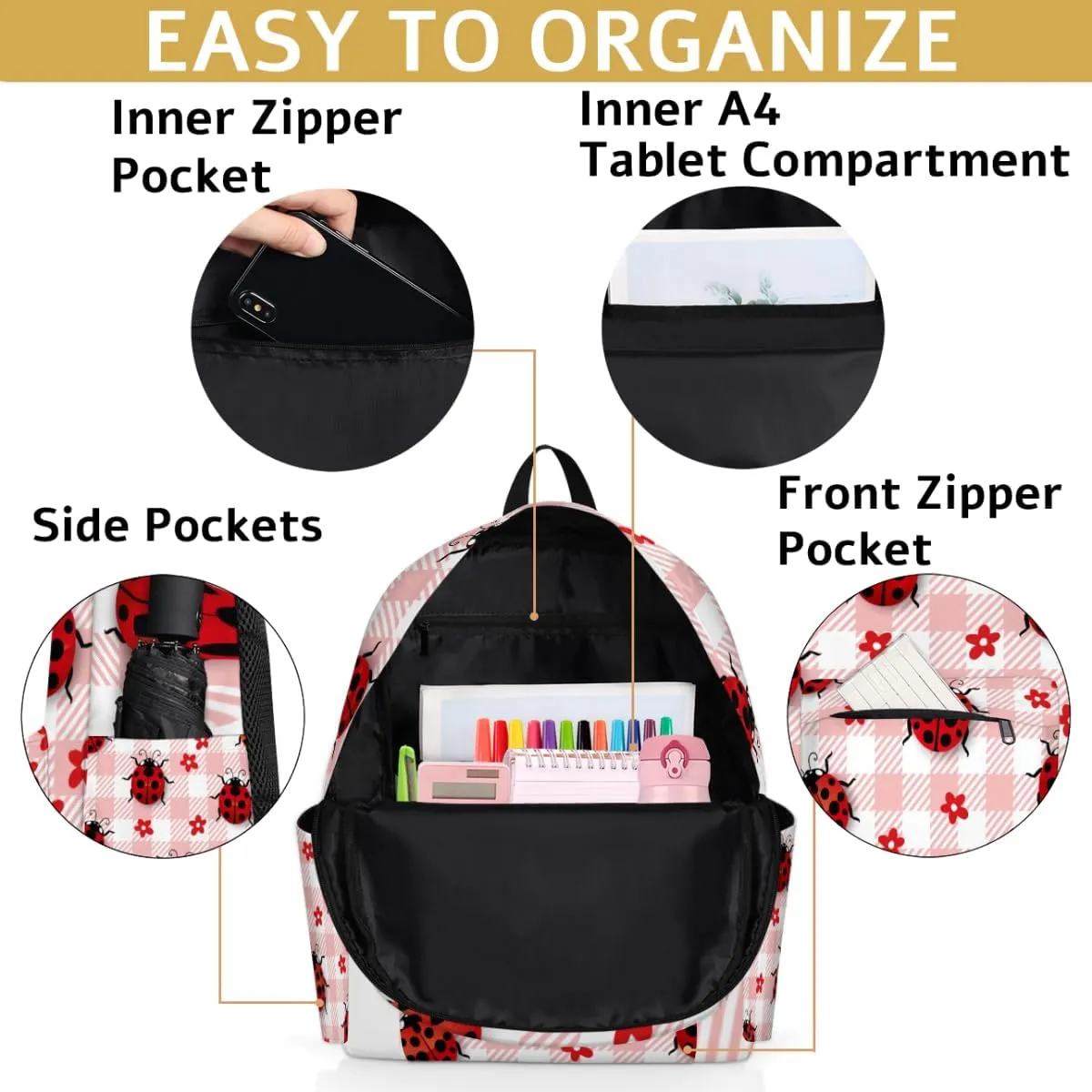 Cute Ladybugs Flower Plaid Check Kids Backpack for School Boys Girls Toddler Children Preschool Book Bag Kindergarten Student Travel Daypack