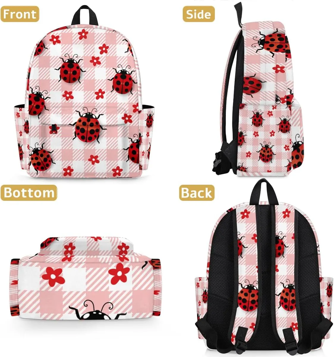 Cute Ladybugs Flower Plaid Check Kids Backpack for School Boys Girls Toddler Children Preschool Book Bag Kindergarten Student Travel Daypack