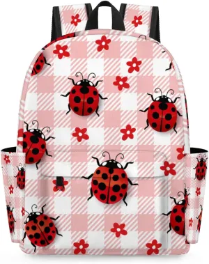 Cute Ladybugs Flower Plaid Check Kids Backpack for School Boys Girls Toddler Children Preschool Book Bag Kindergarten Student Travel Daypack