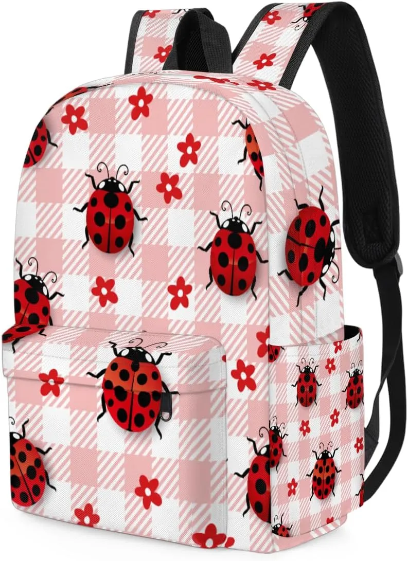 Cute Ladybugs Flower Plaid Check Kids Backpack for School Boys Girls Toddler Children Preschool Book Bag Kindergarten Student Travel Daypack