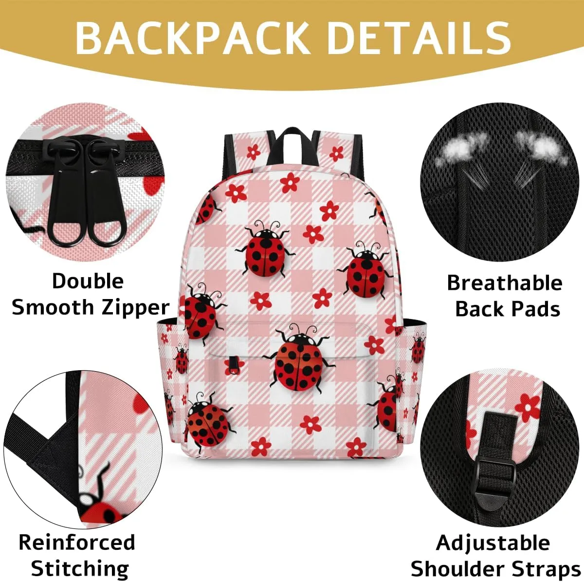 Cute Ladybugs Flower Plaid Check Kids Backpack for School Boys Girls Toddler Children Preschool Book Bag Kindergarten Student Travel Daypack