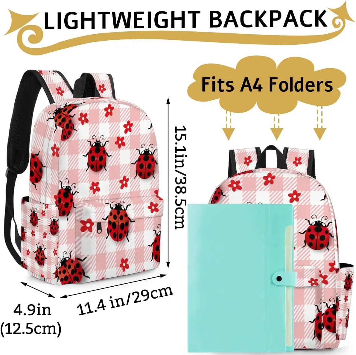 Cute Ladybugs Flower Plaid Check Kids Backpack for School Boys Girls Toddler Children Preschool Book Bag Kindergarten Student Travel Daypack