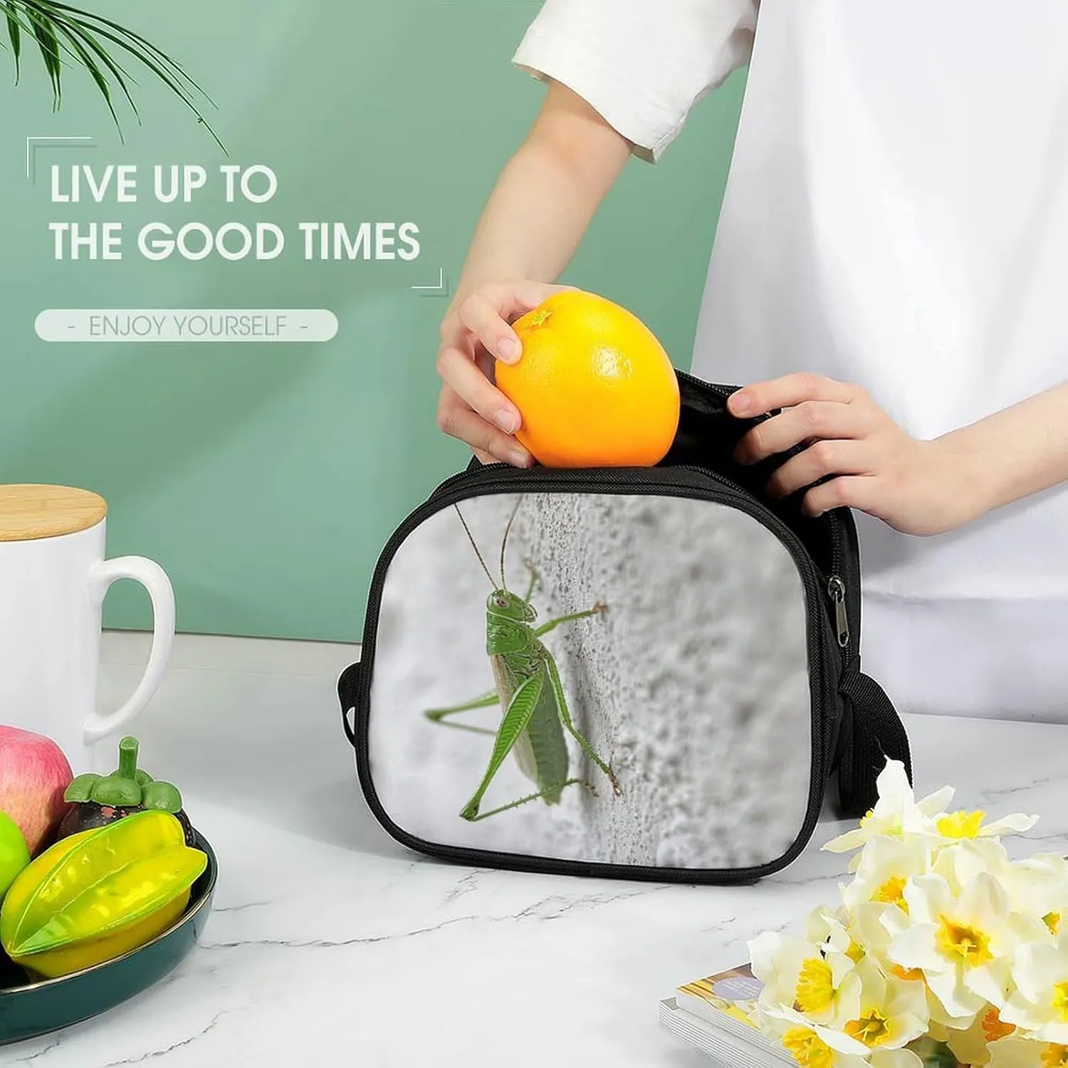 Cute Lunch Box for Men Women,Green Grasshopper Image Reusable Insulated Lunch Bag Cooler for Work Picnic Or Travel