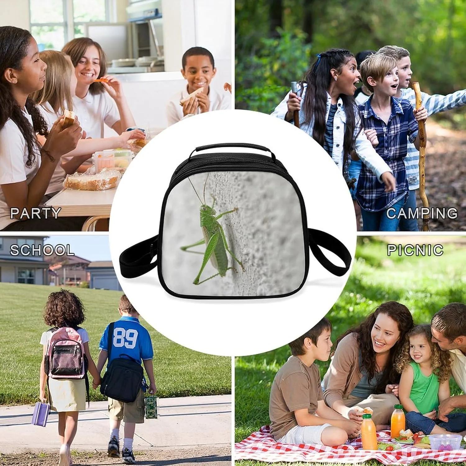 Cute Lunch Box for Men Women,Green Grasshopper Image Reusable Insulated Lunch Bag Cooler for Work Picnic Or Travel