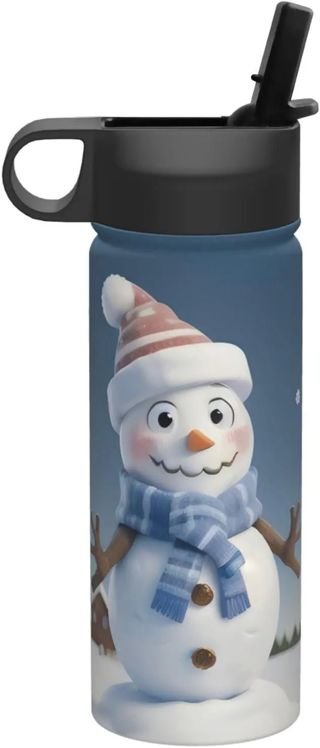 Cute Snowman Print Flask Stainless Steel Water Bottle with Straw 18OZ FOR Outdoor Gym Commute