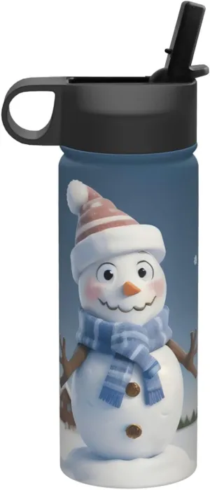 Cute Snowman Print Flask Stainless Steel Water Bottle with Straw 18OZ FOR Outdoor Gym Commute