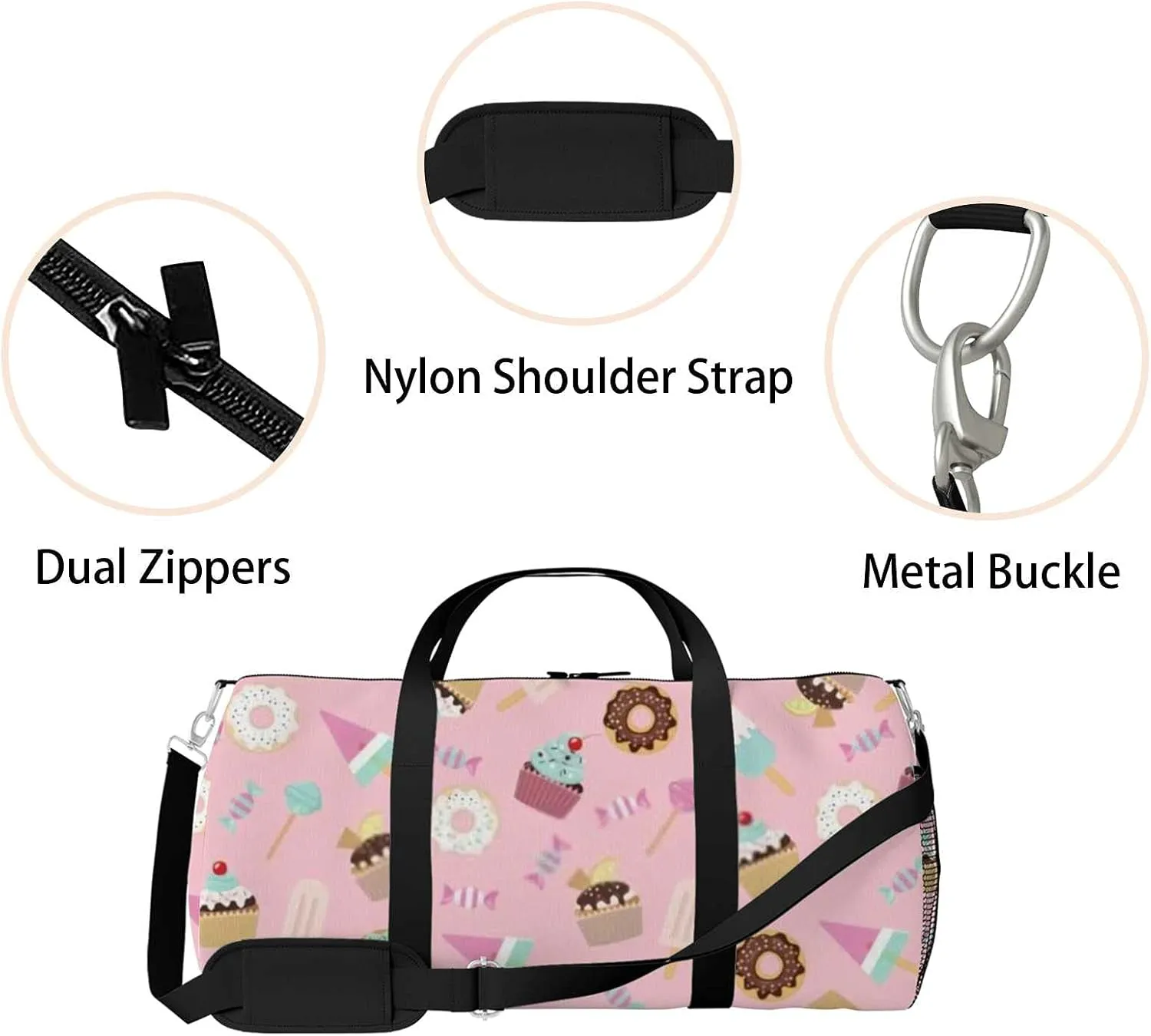Cute Sweet Pink Desserts Sports Duffel Bag Travel Gym Tote Bags Lightweight Durable Shoulder Strap Waterproof Polyester Outside Mesh Pocket Overnight Trip Duffel Bag for Women Men