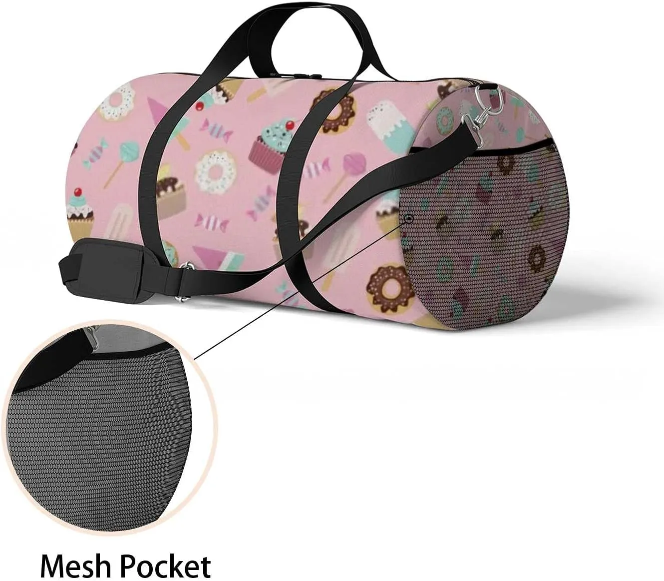 Cute Sweet Pink Desserts Sports Duffel Bag Travel Gym Tote Bags Lightweight Durable Shoulder Strap Waterproof Polyester Outside Mesh Pocket Overnight Trip Duffel Bag for Women Men