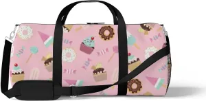 Cute Sweet Pink Desserts Sports Duffel Bag Travel Gym Tote Bags Lightweight Durable Shoulder Strap Waterproof Polyester Outside Mesh Pocket Overnight Trip Duffel Bag for Women Men