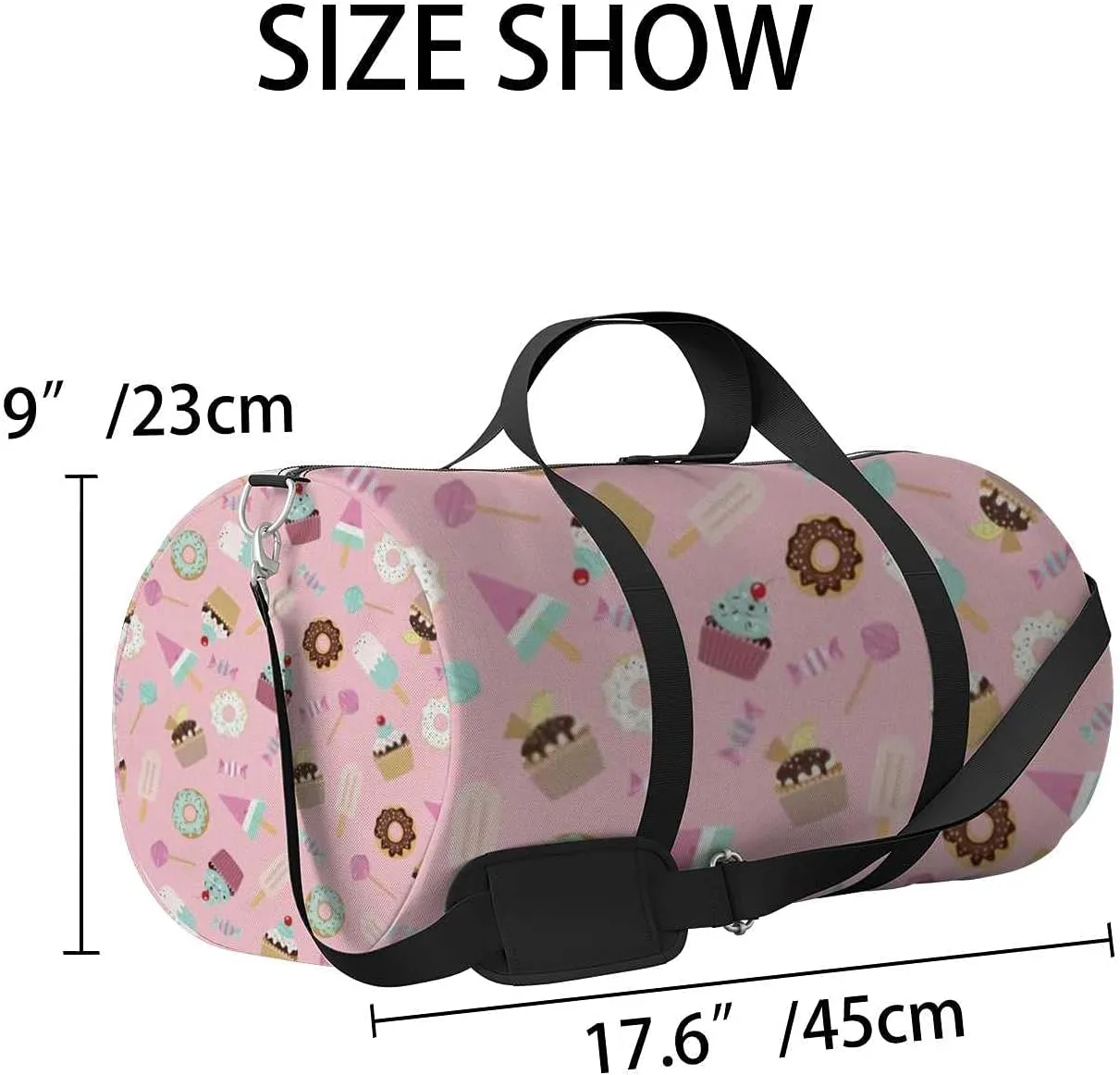 Cute Sweet Pink Desserts Sports Duffel Bag Travel Gym Tote Bags Lightweight Durable Shoulder Strap Waterproof Polyester Outside Mesh Pocket Overnight Trip Duffel Bag for Women Men