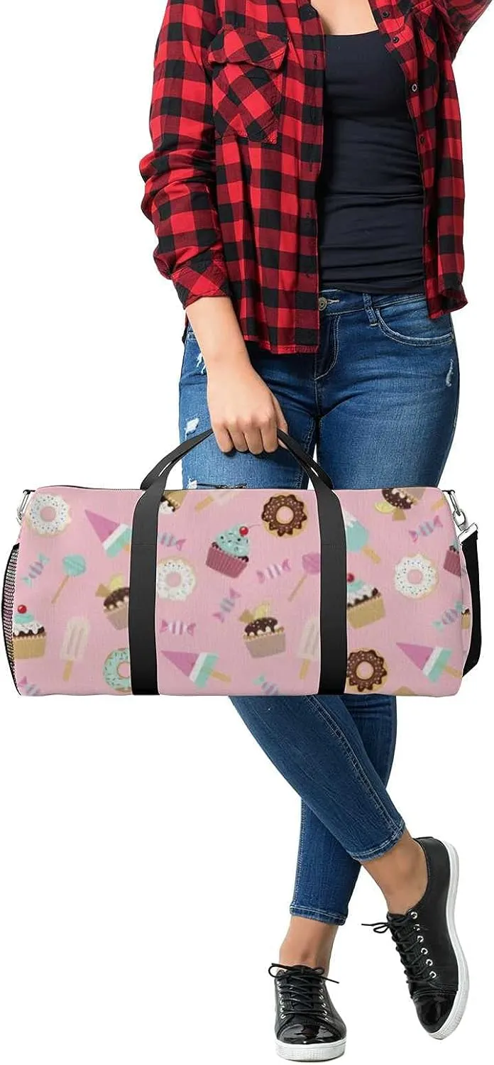 Cute Sweet Pink Desserts Sports Duffel Bag Travel Gym Tote Bags Lightweight Durable Shoulder Strap Waterproof Polyester Outside Mesh Pocket Overnight Trip Duffel Bag for Women Men