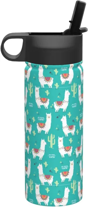 Cute White Llama and Cactus Print Flask Stainless Steel Water Bottle with Straw 18OZ FOR Outdoor Gym Commute