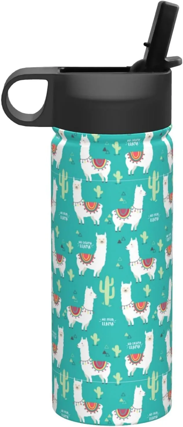 Cute White Llama and Cactus Print Flask Stainless Steel Water Bottle with Straw 18OZ FOR Outdoor Gym Commute