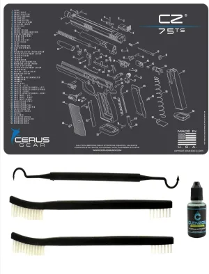 CZ 75 5 PC EDOG Cerus Gear Schematic (Exploded View) Heavy Duty Pistol Cleaning 12x17 Padded Gun-Work Surface Protector Mat Solvent & Oil Resistant & 3 PC Cleaning Essentials & Clenzoil
