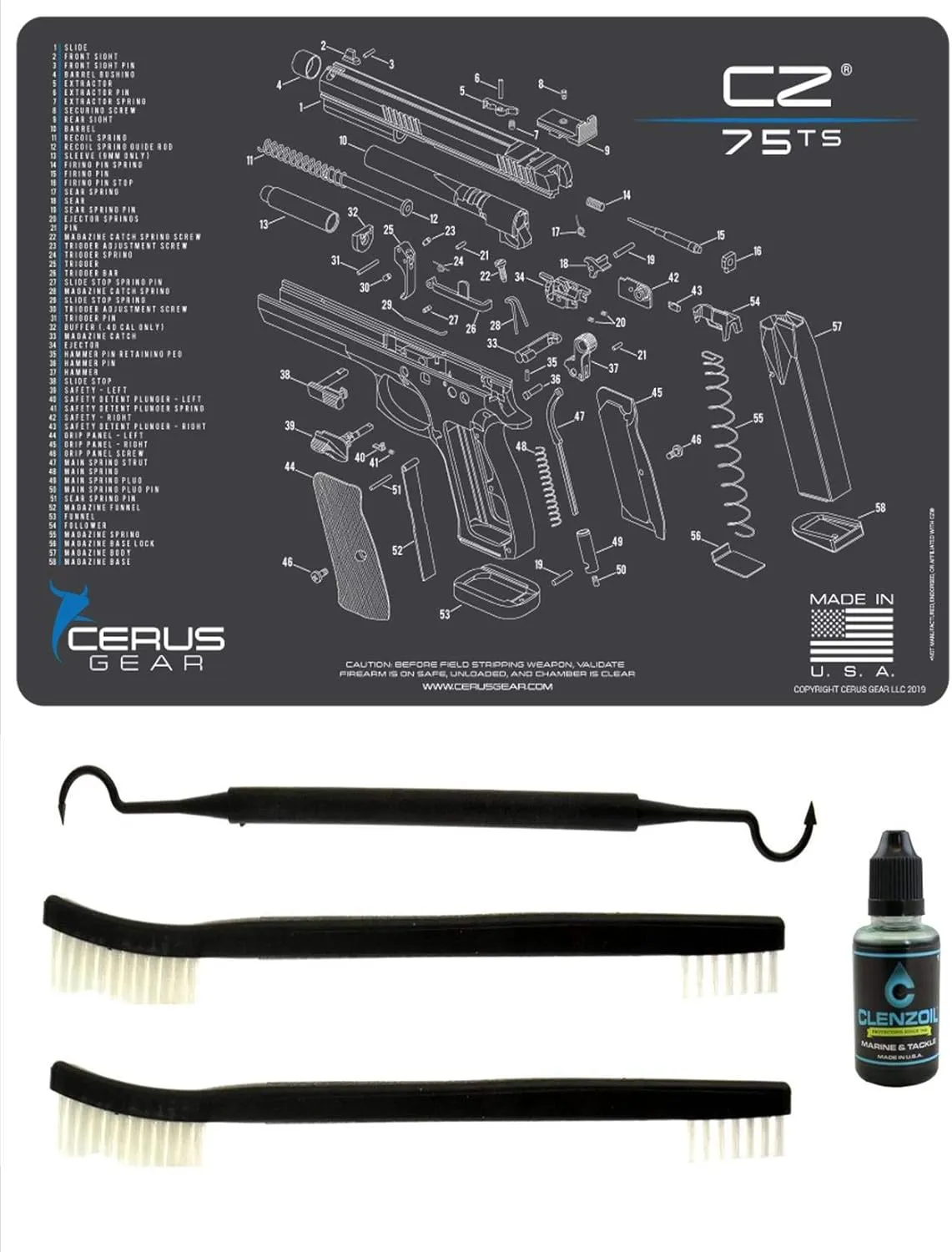 CZ 75 5 PC EDOG Cerus Gear Schematic (Exploded View) Heavy Duty Pistol Cleaning 12x17 Padded Gun-Work Surface Protector Mat Solvent & Oil Resistant & 3 PC Cleaning Essentials & Clenzoil